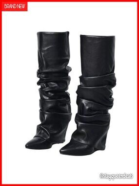 Slouched Ruched Fold Over Patent Leather Knee High Boots Wedge Heel Wide Calf